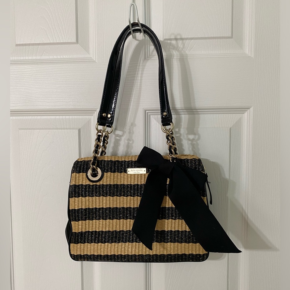 kate spade Black and Tan Striped Straw Tote with Black Bow